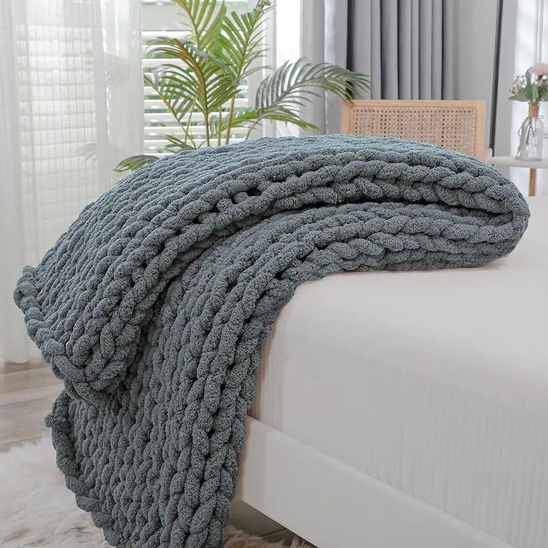 Chunky Knit Throw Blanket for Couch, 40X60 Inches, 100% Hand Knitted with Thick Jumbo Chenille Yarn, Cozy Soft Large Rope Knot Cable Crochet Blankets for Sofa Bed Living Room, Beige