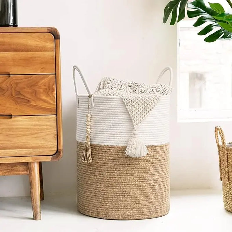 Goodpick Tall Wicker Laundry Basket with Handles, Boho Decorative Storage Basket for Living Room, Bedroom, Entryway, Bathroom, Large Woven Blanket Basket for Pillows, Towels, Shoes, Jute