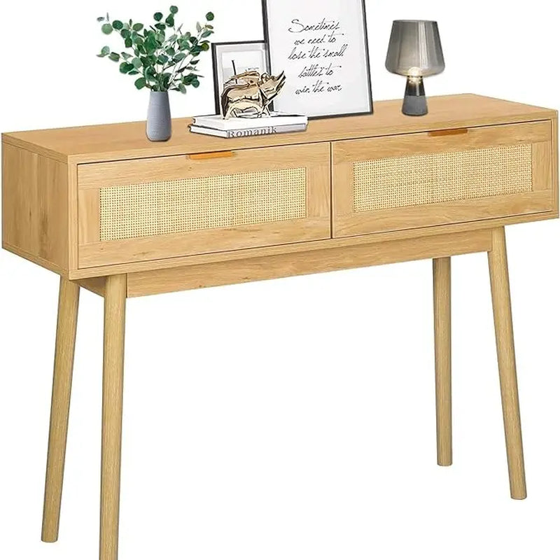 Rattan Console Table,Boho Entryway Table,Narrow Long Sofa Table,Hallway Foyer Table behind Couch Table with 3 Drawers, and Open Storage Shelf for Living Room and Corridor Furniture Home