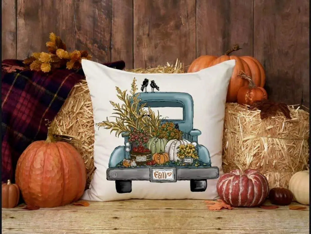 Fall-Themed Blue Truck Decorative Pillow Cover