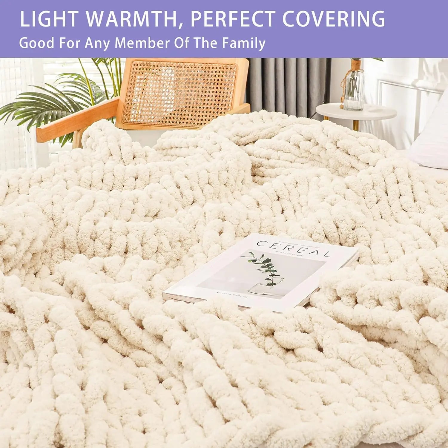 Chunky Knit Throw Blanket for Couch, 40X60 Inches, 100% Hand Knitted with Thick Jumbo Chenille Yarn, Cozy Soft Large Rope Knot Cable Crochet Blankets for Sofa Bed Living Room, Beige