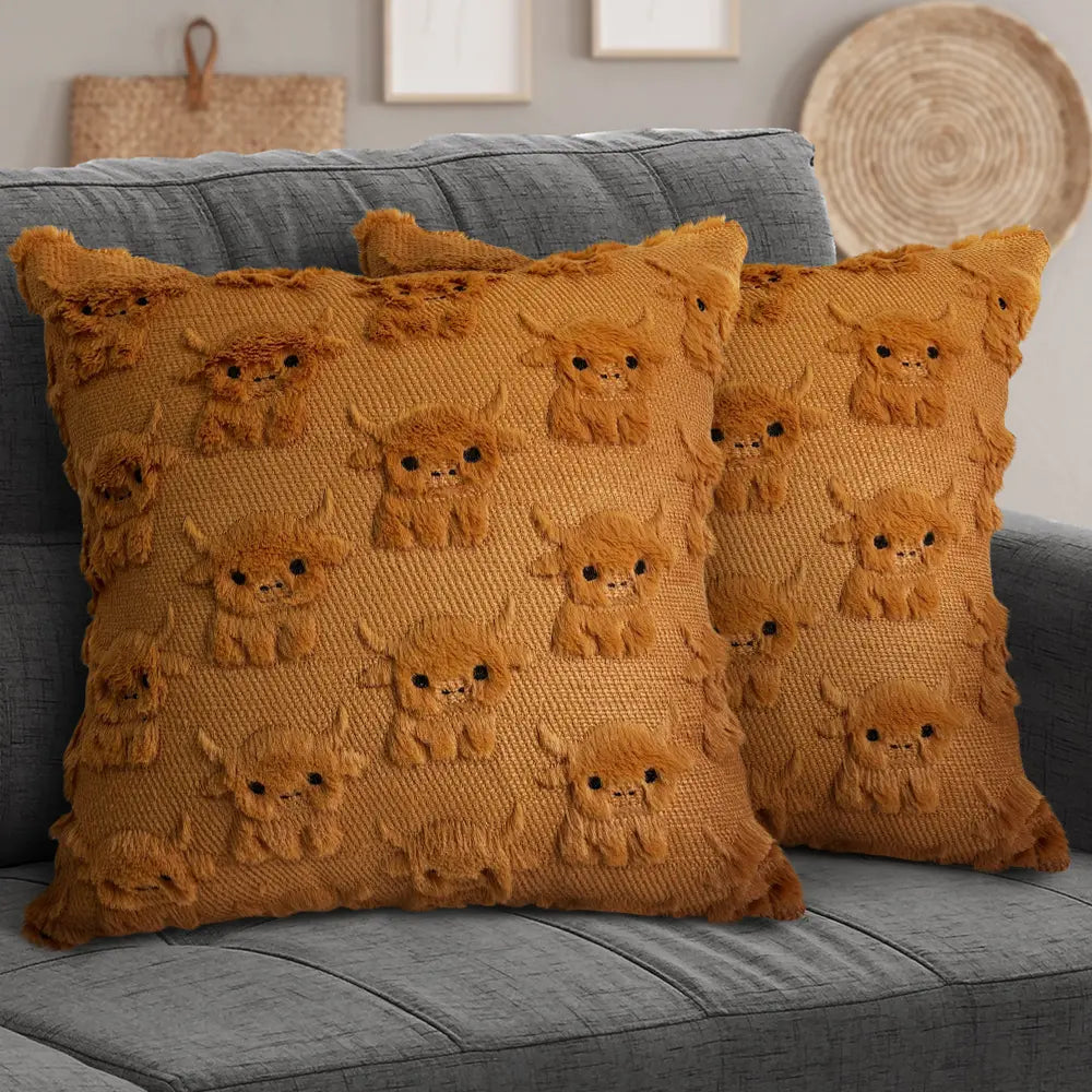 Highland Cow Pillow Covers 18X18 Cow Home Decor Farmhouse Pillow Covers Soft Plush Faux Fur Wool Pillowcases for Sofa Living Room, Gifts for Highland Cattle Lovers
