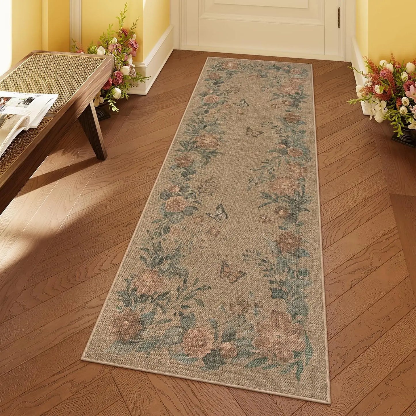 Lahome Floral Easy Jute Indoor Outdoor Rug, Neutral Dining Room Classroom Rug Washable Area Rug for Living Room, Farmhouse Outdoor Patio Rug Non Slip Floor Carpet for Bedroom Office
