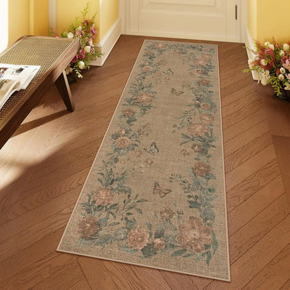 Lahome Floral Easy Jute Indoor Outdoor Rug, Neutral Dining Room Classroom Rug Washable Area Rug for Living Room, Farmhouse Outdoor Patio Rug Non Slip Floor Carpet for Bedroom Office
