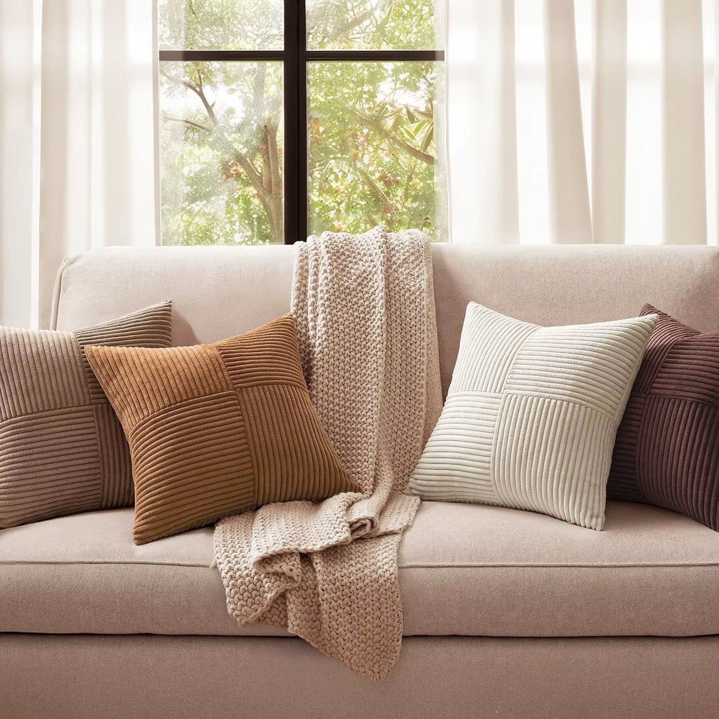 Brown Throw Pillow Covers 45X45Cm Boho Farmhouse Cushion Cases Neutral Gradient Corduroy Pillow Cases with Patchwork Home Decor