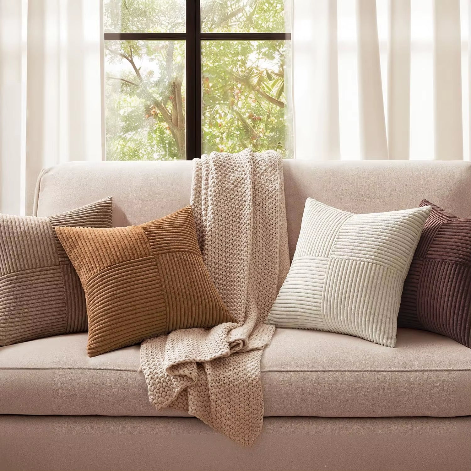 Brown Throw Pillow Covers 45X45Cm Boho Farmhouse Cushion Cases Neutral Gradient Corduroy Pillow Cases with Patchwork Home Decor