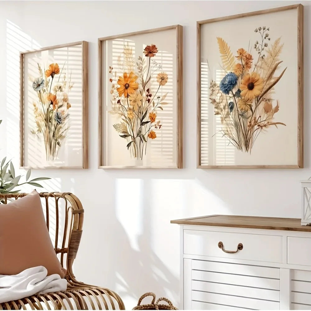 3Pcs Frameless Retro Plant Wall Art,Floral Posters,Modern Farmhouse Decor,Soft Aesthetic Plant Paintings for Bedroom Decoration