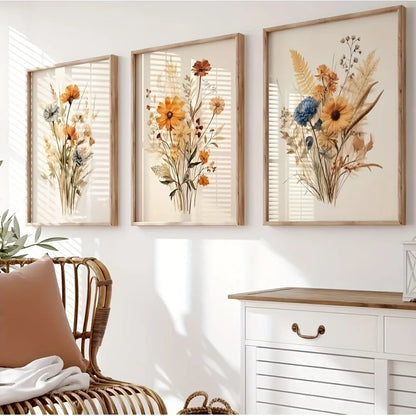 3Pcs Frameless Retro Plant Wall Art,Floral Posters,Modern Farmhouse Decor,Soft Aesthetic Plant Paintings for Bedroom Decoration