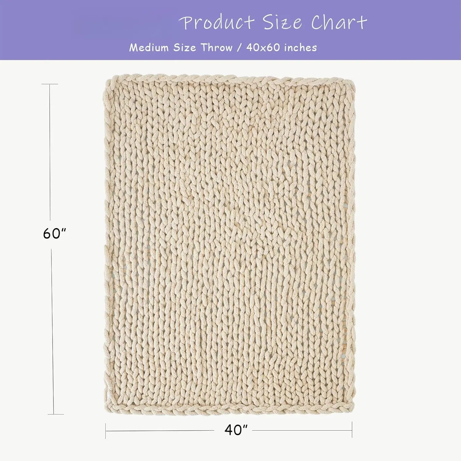 Chunky Knit Throw Blanket for Couch, 40X60 Inches, 100% Hand Knitted with Thick Jumbo Chenille Yarn, Cozy Soft Large Rope Knot Cable Crochet Blankets for Sofa Bed Living Room, Beige