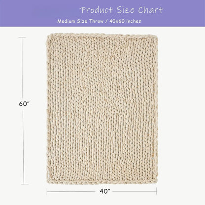 Chunky Knit Throw Blanket for Couch, 40X60 Inches, 100% Hand Knitted with Thick Jumbo Chenille Yarn, Cozy Soft Large Rope Knot Cable Crochet Blankets for Sofa Bed Living Room, Beige