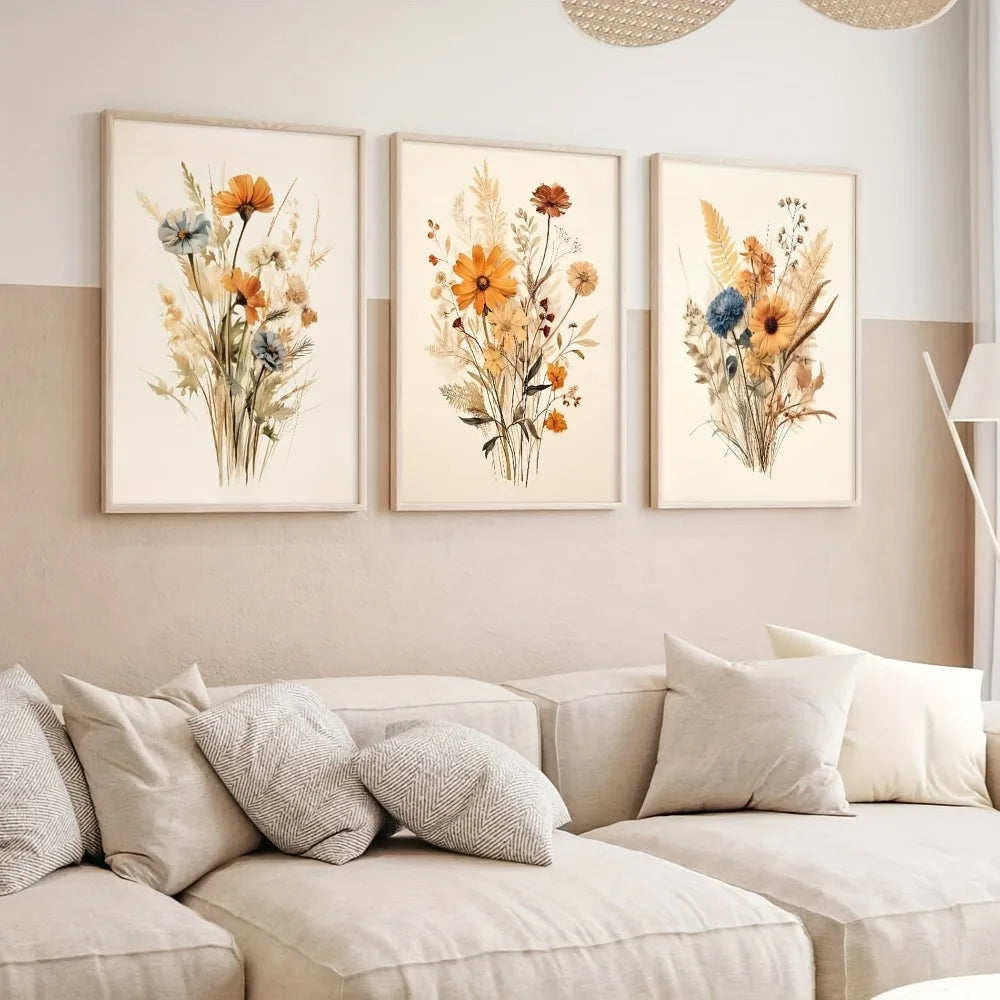 3Pcs Frameless Retro Plant Wall Art,Floral Posters,Modern Farmhouse Decor,Soft Aesthetic Plant Paintings for Bedroom Decoration