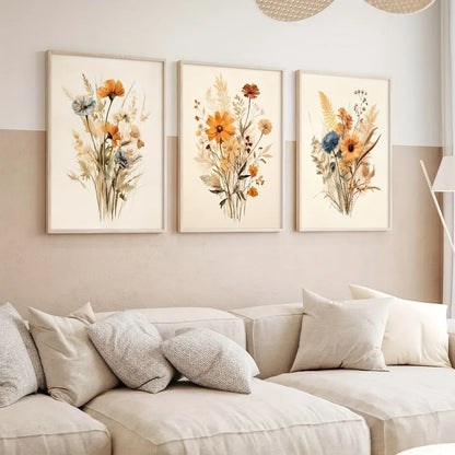 3Pcs Frameless Retro Plant Wall Art,Floral Posters,Modern Farmhouse Decor,Soft Aesthetic Plant Paintings for Bedroom Decoration