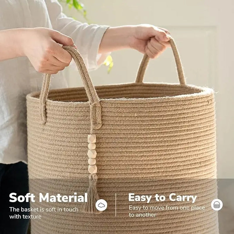 Goodpick Tall Wicker Laundry Basket with Handles, Boho Decorative Storage Basket for Living Room, Bedroom, Entryway, Bathroom, Large Woven Blanket Basket for Pillows, Towels, Shoes, Jute