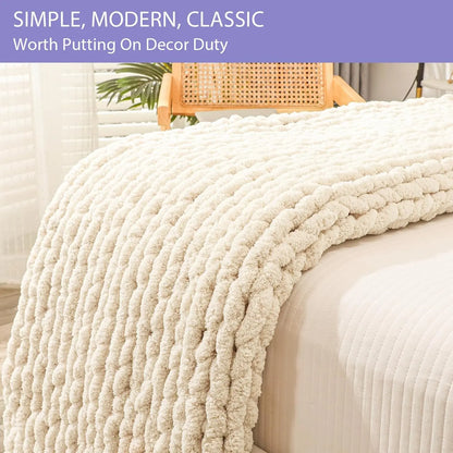 Chunky Knit Throw Blanket for Couch, 40X60 Inches, 100% Hand Knitted with Thick Jumbo Chenille Yarn, Cozy Soft Large Rope Knot Cable Crochet Blankets for Sofa Bed Living Room, Beige