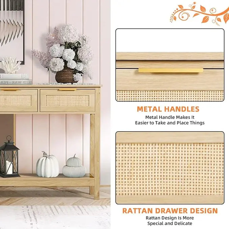 Rattan Console Table,Boho Entryway Table,Narrow Long Sofa Table,Hallway Foyer Table behind Couch Table with 3 Drawers, and Open Storage Shelf for Living Room and Corridor Furniture Home