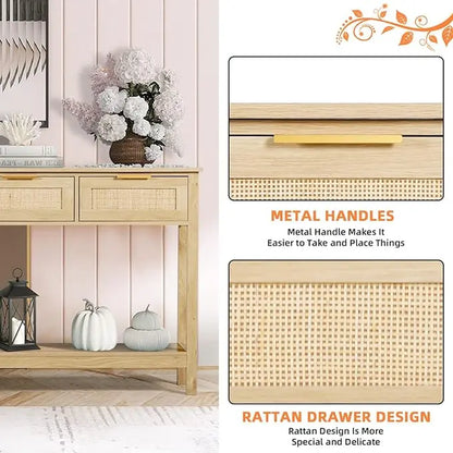 Rattan Console Table,Boho Entryway Table,Narrow Long Sofa Table,Hallway Foyer Table behind Couch Table with 3 Drawers, and Open Storage Shelf for Living Room and Corridor Furniture Home