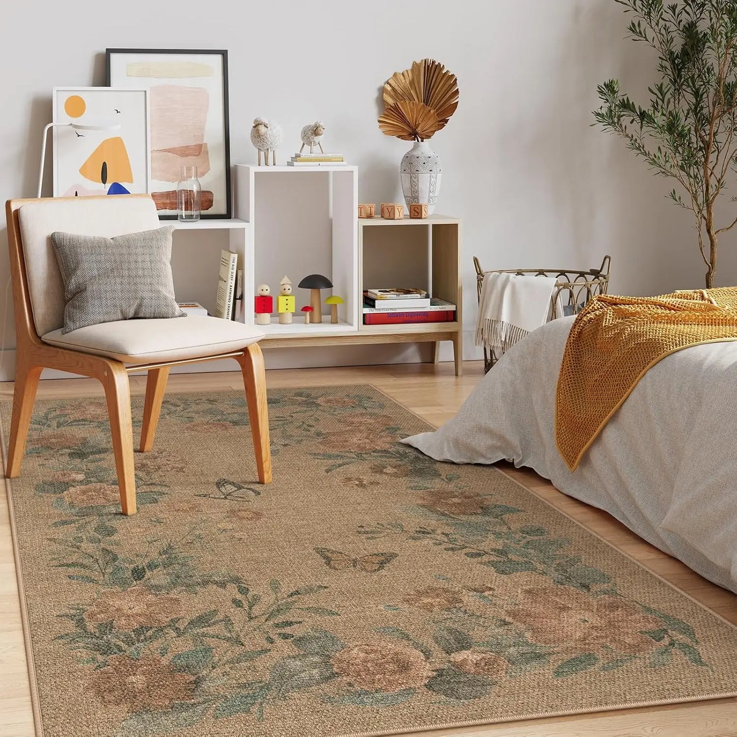 Lahome Floral Easy Jute Indoor Outdoor Rug, Neutral Dining Room Classroom Rug Washable Area Rug for Living Room, Farmhouse Outdoor Patio Rug Non Slip Floor Carpet for Bedroom Office