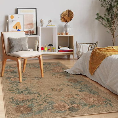 Lahome Floral Easy Jute Indoor Outdoor Rug, Neutral Dining Room Classroom Rug Washable Area Rug for Living Room, Farmhouse Outdoor Patio Rug Non Slip Floor Carpet for Bedroom Office