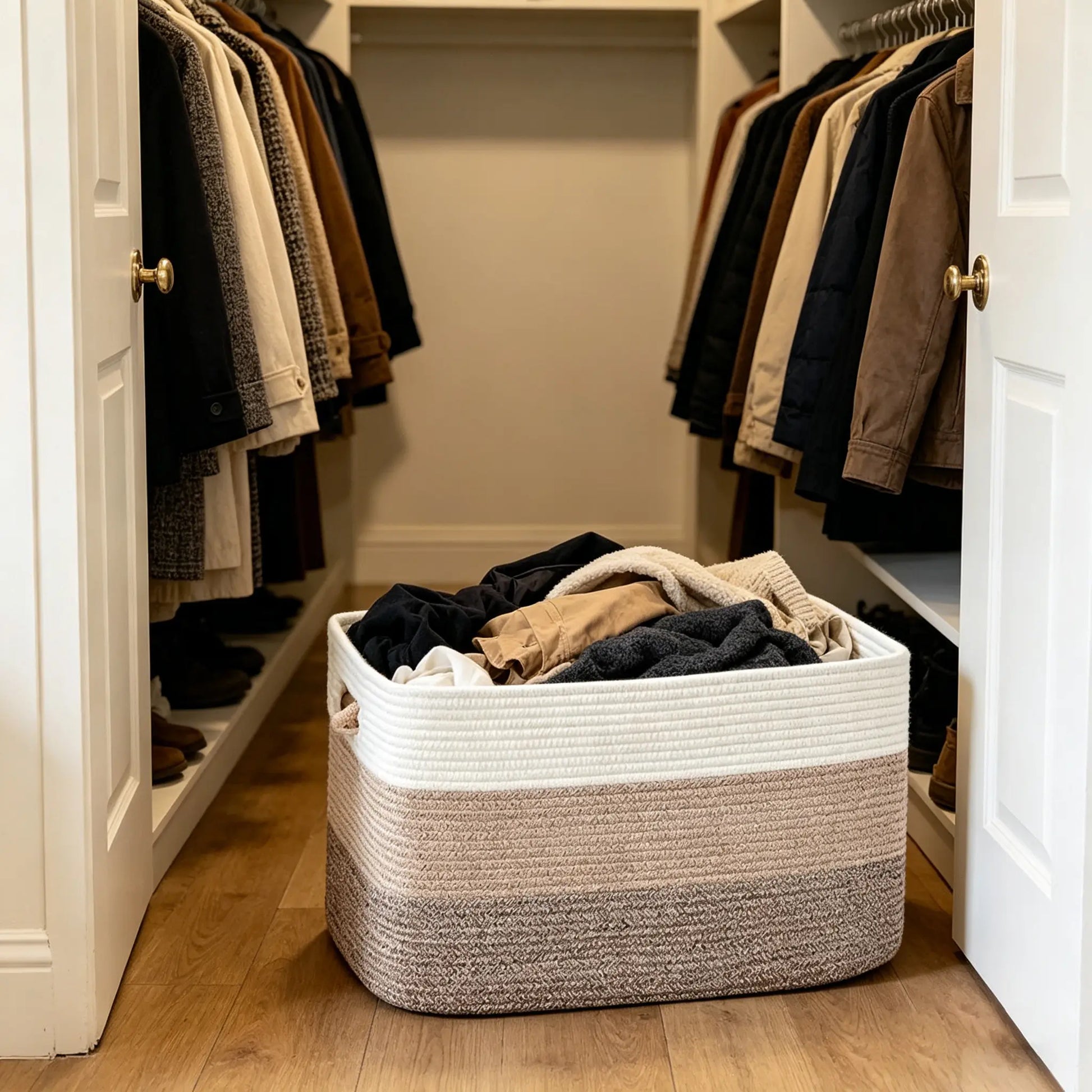 Rectangular Woven Laundry Basket – Cotton Rope Storage Solution for Living Room, Clothes Organization with Handles, Ideal Mother's Day Gift – Gradient Brown