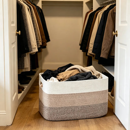 Rectangular Woven Laundry Basket – Cotton Rope Storage Solution for Living Room, Clothes Organization with Handles, Ideal Mother's Day Gift – Gradient Brown