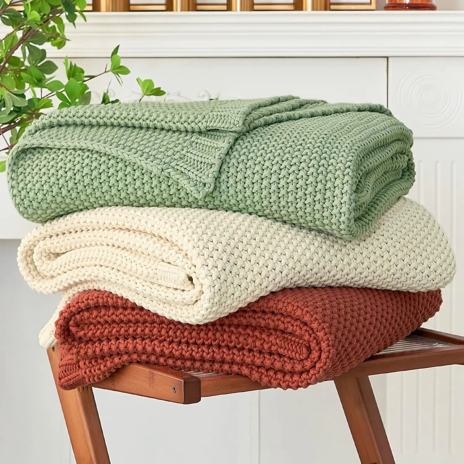 Chunky Knit Throw Blanket Lightweight Beige Cotton Blanket for Sofa Couch Bed , Rustic Shabby Chic Modern Farmhouse, 51 X 63 Give Bag