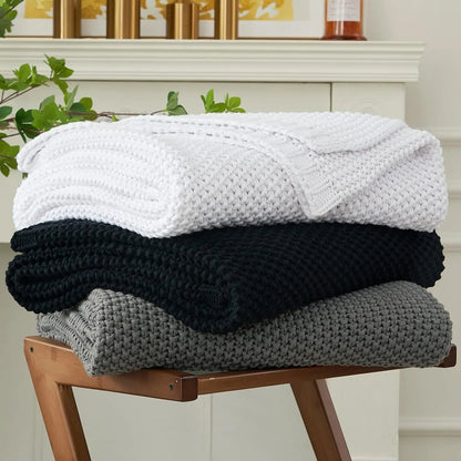 Chunky Knit Throw Blanket Lightweight Beige Cotton Blanket for Sofa Couch Bed , Rustic Shabby Chic Modern Farmhouse, 51 X 63 Give Bag
