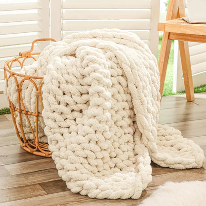 Chunky Knit Throw Blanket for Couch, 40X60 Inches, 100% Hand Knitted with Thick Jumbo Chenille Yarn, Cozy Soft Large Rope Knot Cable Crochet Blankets for Sofa Bed Living Room, Beige