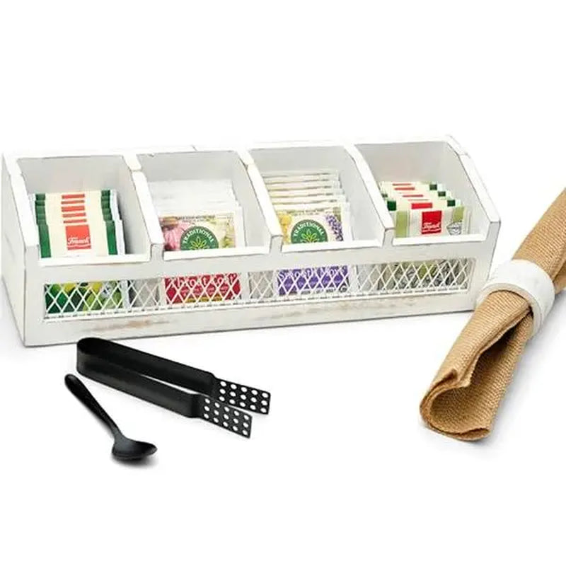 Kitchen Science Tea Bag Box | Natural Wood|Farmhouse Finish | 4 Compartments Storage |Counter Top |Accessories - Tea Bag Squeezer, Natural Jute Placemat, Tea Spoon, Wooden Napkin Ring