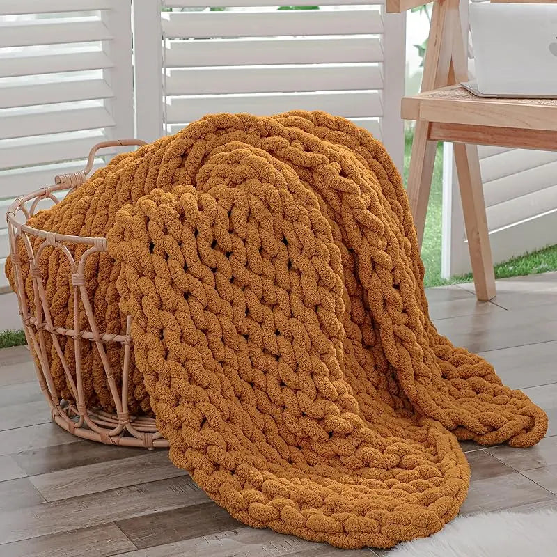Chunky Knit Throw Blanket for Couch, 40X60 Inches, 100% Hand Knitted with Thick Jumbo Chenille Yarn, Cozy Soft Large Rope Knot Cable Crochet Blankets for Sofa Bed Living Room, Beige