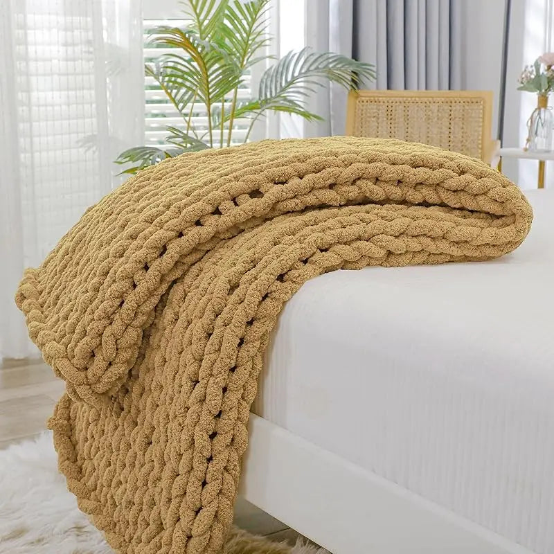 Chunky Knit Throw Blanket for Couch, 40X60 Inches, 100% Hand Knitted with Thick Jumbo Chenille Yarn, Cozy Soft Large Rope Knot Cable Crochet Blankets for Sofa Bed Living Room, Beige