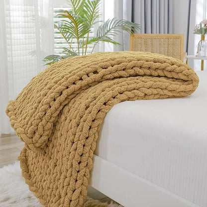 Chunky Knit Throw Blanket for Couch, 40X60 Inches, 100% Hand Knitted with Thick Jumbo Chenille Yarn, Cozy Soft Large Rope Knot Cable Crochet Blankets for Sofa Bed Living Room, Beige