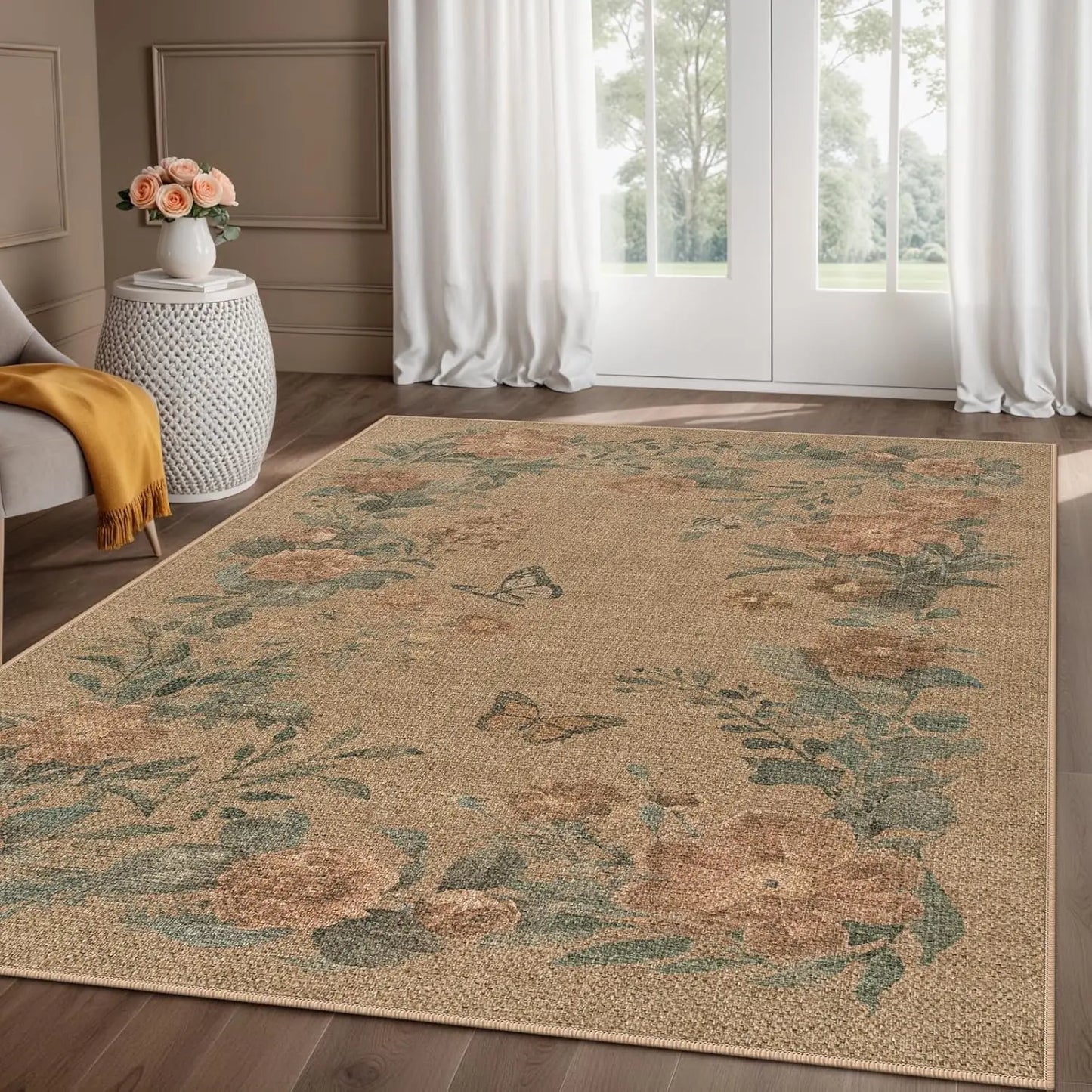 Lahome Floral Easy Jute Indoor Outdoor Rug, Neutral Dining Room Classroom Rug Washable Area Rug for Living Room, Farmhouse Outdoor Patio Rug Non Slip Floor Carpet for Bedroom Office