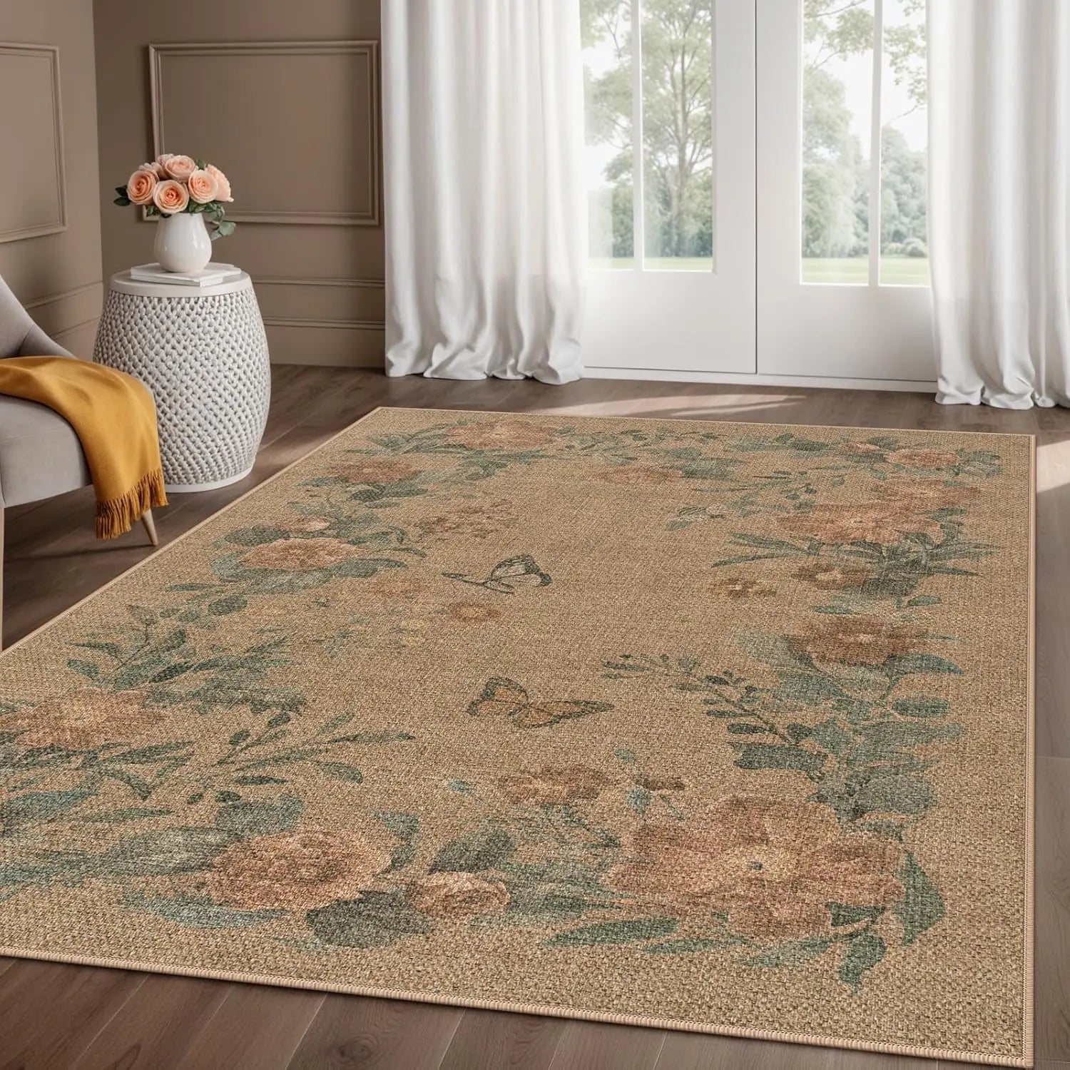 Lahome Floral Easy Jute Indoor Outdoor Rug, Neutral Dining Room Classroom Rug Washable Area Rug for Living Room, Farmhouse Outdoor Patio Rug Non Slip Floor Carpet for Bedroom Office