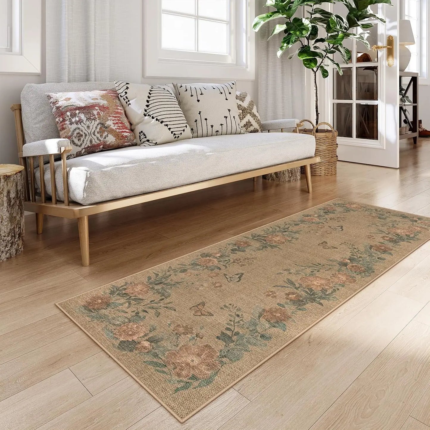 Lahome Floral Easy Jute Indoor Outdoor Rug, Neutral Dining Room Classroom Rug Washable Area Rug for Living Room, Farmhouse Outdoor Patio Rug Non Slip Floor Carpet for Bedroom Office
