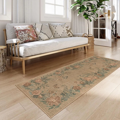 Lahome Floral Easy Jute Indoor Outdoor Rug, Neutral Dining Room Classroom Rug Washable Area Rug for Living Room, Farmhouse Outdoor Patio Rug Non Slip Floor Carpet for Bedroom Office