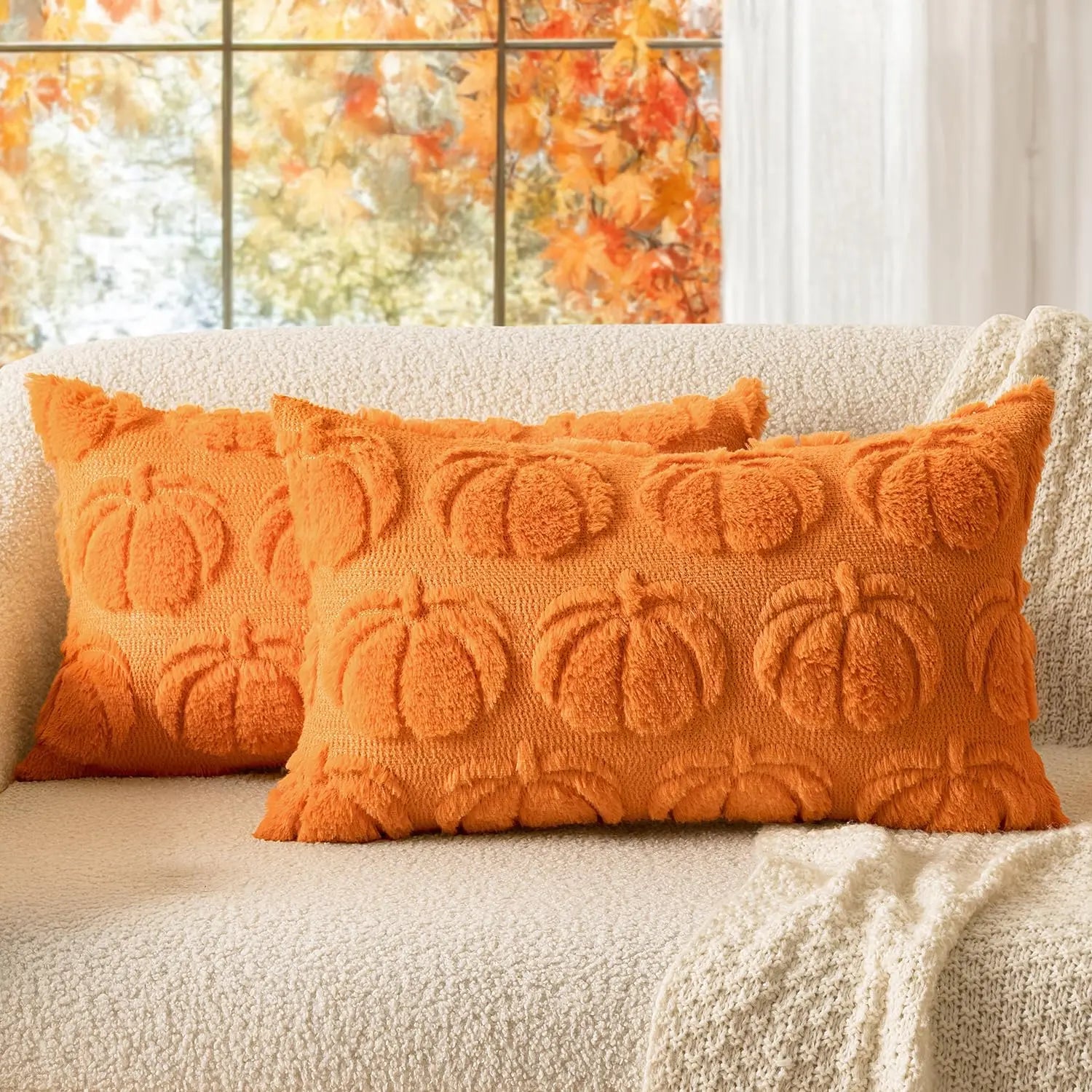 Set of 2 Fall Throw Pillow Covers 18X18 Pumpkin Design – Cozy Autumn Decor for Sofa, Couch & Porch
