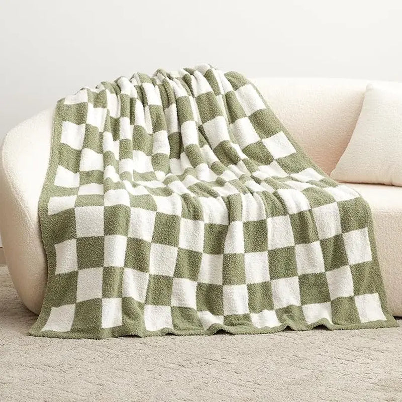 Home Checkered Knitted Throw Blanket - Cozy Fluffy Plaid Blanket for Couch, Bed, and Sofa - Warm Soft Sage Green Design, 50" x 60" for All Seasons