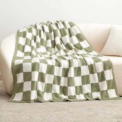Home Checkered Knitted Throw Blanket - Cozy Fluffy Plaid Blanket for Couch, Bed, and Sofa - Warm Soft Sage Green Design, 50" x 60" for All Seasons