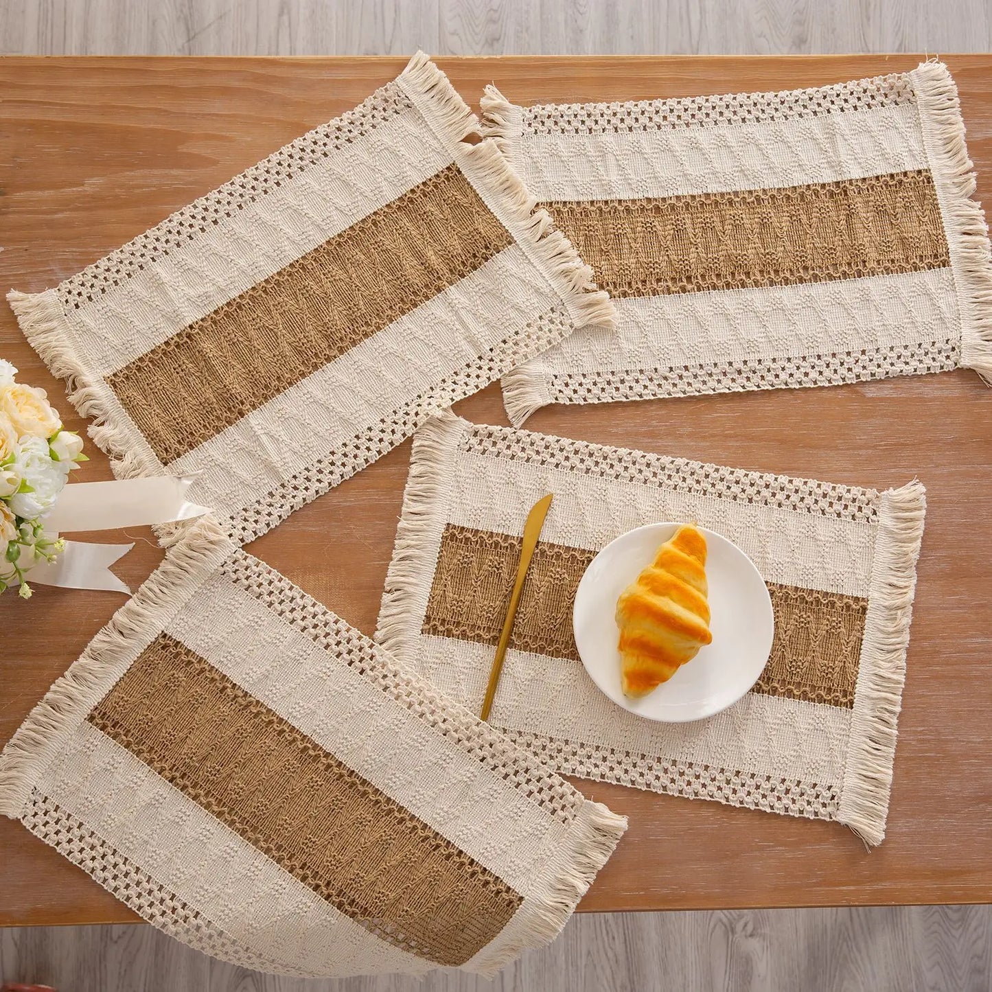4/6Pcs Boho Macrame Placemats Set Handmade Cotton Woven Modern Farmhouse Placemats for Dining Table Kitchen Wedding Party Decor
