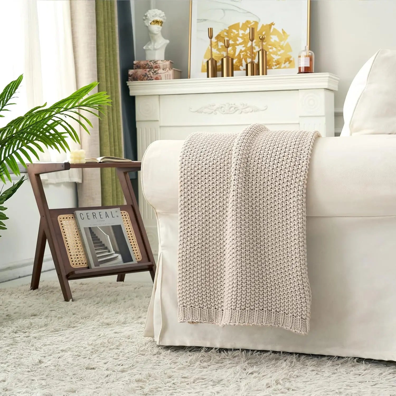 Chunky Knit Throw Blanket Lightweight Beige Cotton Blanket for Sofa Couch Bed , Rustic Shabby Chic Modern Farmhouse, 51 X 63 Give Bag