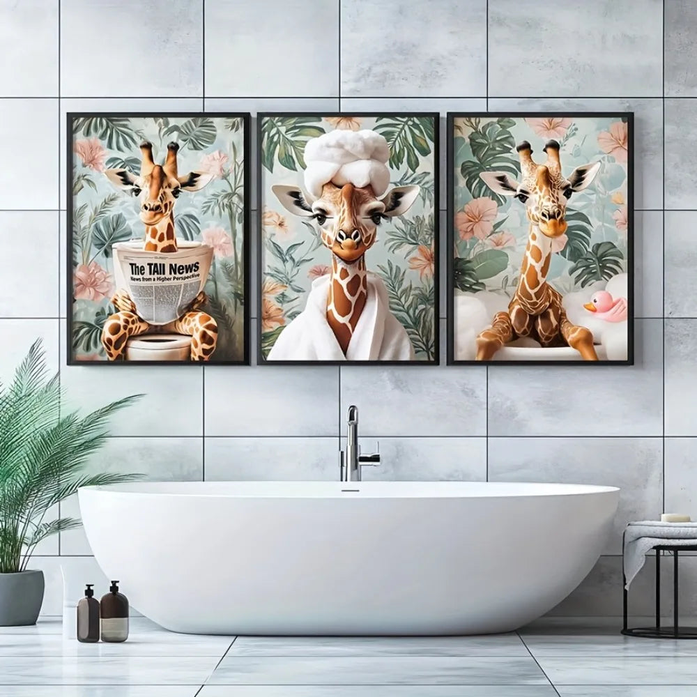3Pcs Frameless Giraffe Wall Art Whimsical Long-Necked Animal Poster with Floral Background,Bathroom Decor,Modern Farmhouse Style