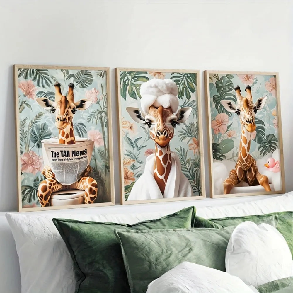 3Pcs Frameless Giraffe Wall Art Whimsical Long-Necked Animal Poster with Floral Background,Bathroom Decor,Modern Farmhouse Style