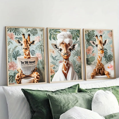 3Pcs Frameless Giraffe Wall Art Whimsical Long-Necked Animal Poster with Floral Background,Bathroom Decor,Modern Farmhouse Style