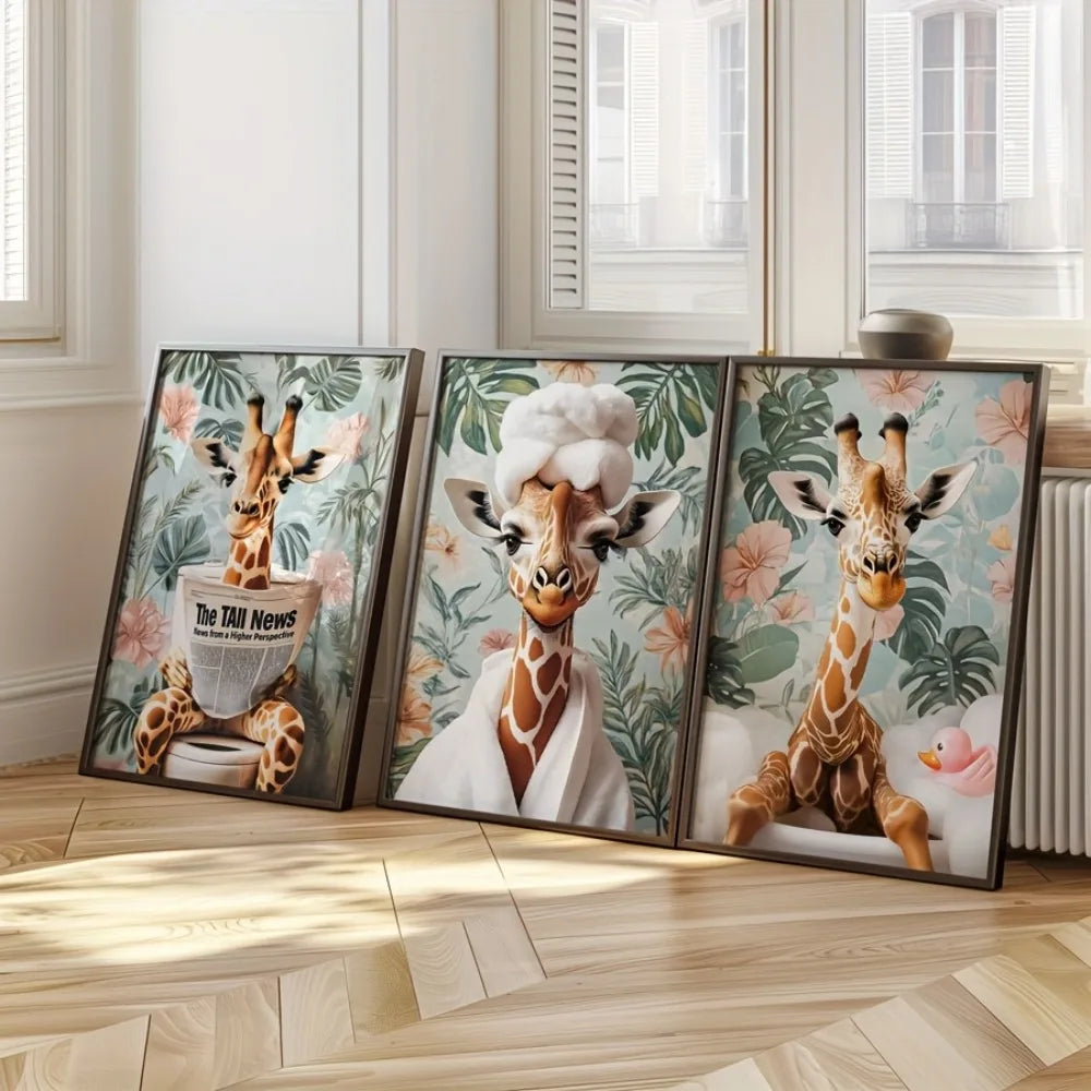 3Pcs Frameless Giraffe Wall Art Whimsical Long-Necked Animal Poster with Floral Background,Bathroom Decor,Modern Farmhouse Style