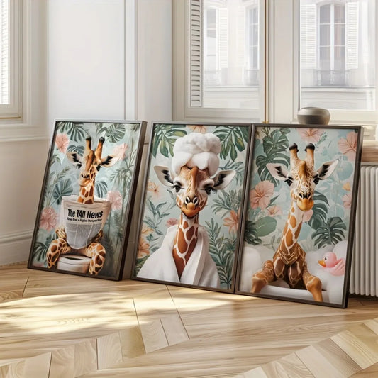 3Pcs Frameless Giraffe Wall Art Whimsical Long-Necked Animal Poster with Floral Background,Bathroom Decor,Modern Farmhouse Style