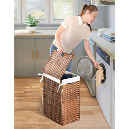 Laundry Hamper with Lid PE Rattan Powder Coating Frame Clothes Hampers with 01 Removable Bags, 100L, Bulldog Hitch Basket Storage Organize Furniture
