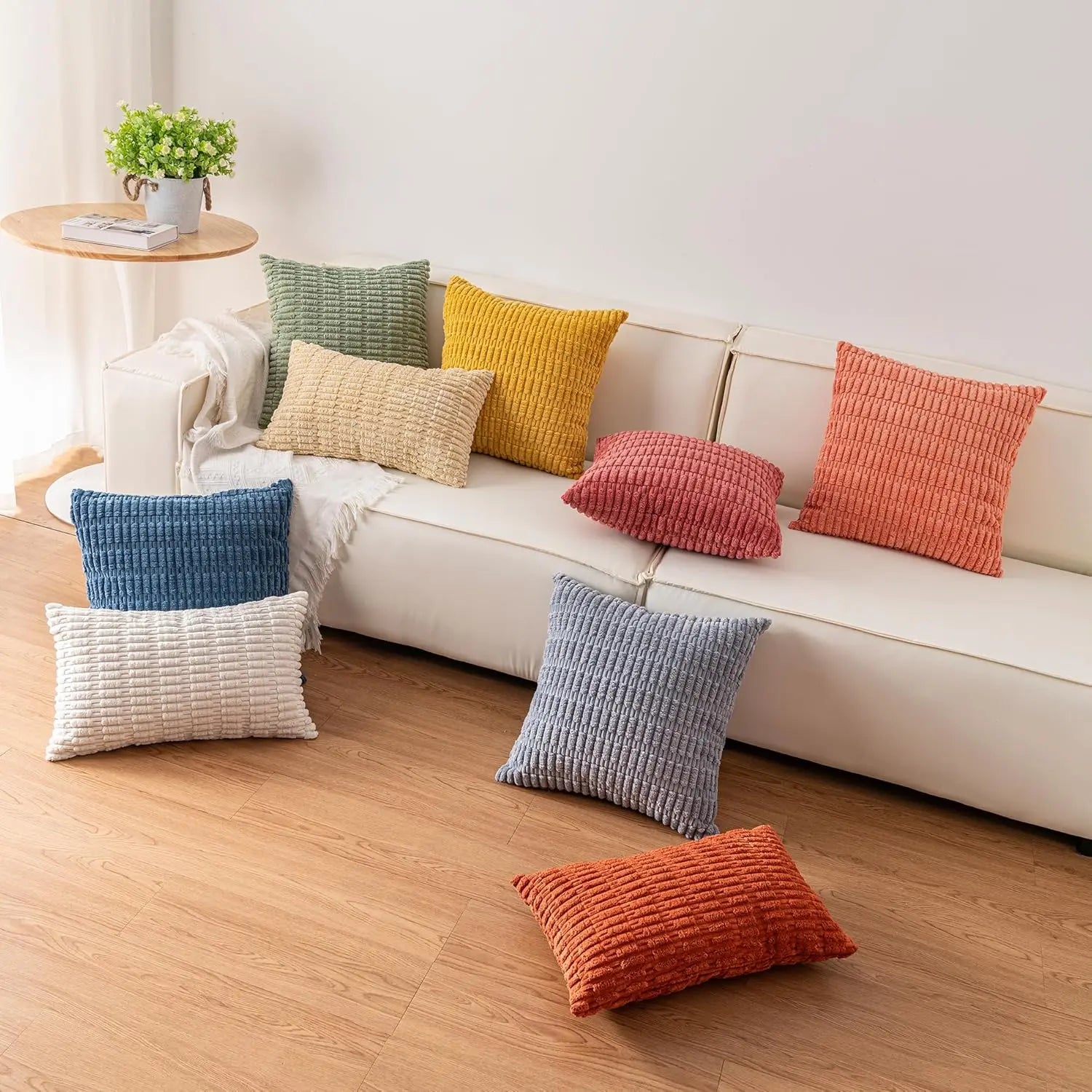 Pack of 2 Corduroy Decorative Throw Pillow Covers 18X18 Inchsoft Boho Striped Pillow Covers Modern Farmhouse Home Decor for Sofa Living Room Couch Bed（Cream White） Aegero