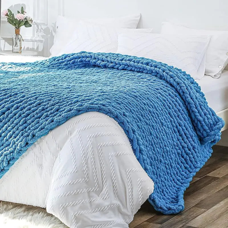 Chunky Knit Throw Blanket for Couch, 40X60 Inches, 100% Hand Knitted with Thick Jumbo Chenille Yarn, Cozy Soft Large Rope Knot Cable Crochet Blankets for Sofa Bed Living Room, Beige