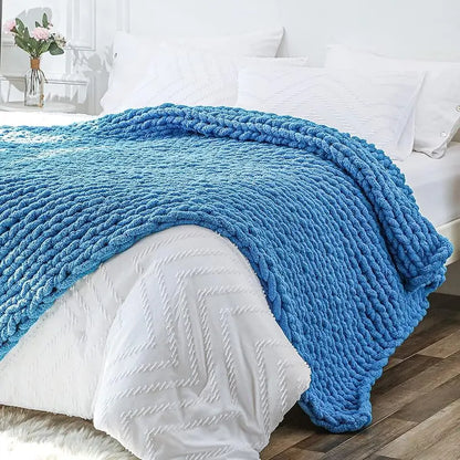 Chunky Knit Throw Blanket for Couch, 40X60 Inches, 100% Hand Knitted with Thick Jumbo Chenille Yarn, Cozy Soft Large Rope Knot Cable Crochet Blankets for Sofa Bed Living Room, Beige