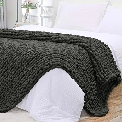 Chunky Knit Throw Blanket for Couch, 40X60 Inches, 100% Hand Knitted with Thick Jumbo Chenille Yarn, Cozy Soft Large Rope Knot Cable Crochet Blankets for Sofa Bed Living Room, Beige